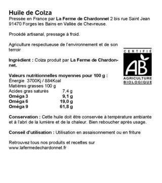 Descriptif huile de colza de La Ferme de Chardonnet